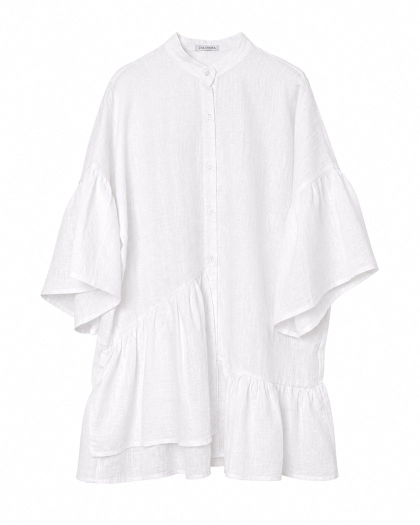 White Asymmetric Ruffled Linen Mini Shirt Dress