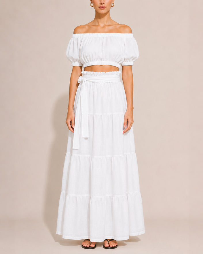 White Linen Off-Shoulder Crop Top and Maxi Skirt Co-ord Set