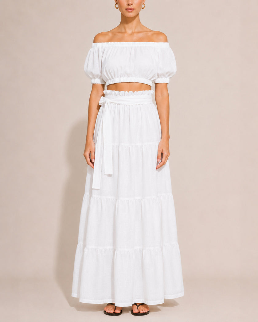 White Linen Off-Shoulder Crop Top and Maxi Skirt Co-ord Set