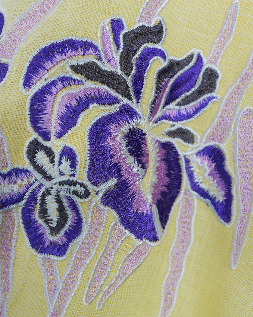 Yellow Purple Iris Embroidered Linen Kaftan Maxi Dress