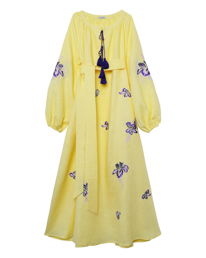 Light Yellow Embroidered Linen Long Dress – Balloon Sleeves
