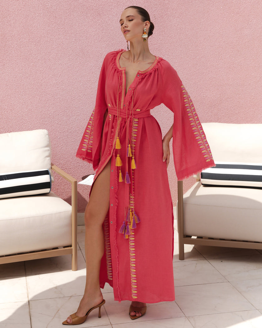 Coral Floral Embroidered Linen Kaftan Maxi Dress