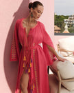 Coral Floral Embroidered Linen Kaftan Maxi Dress