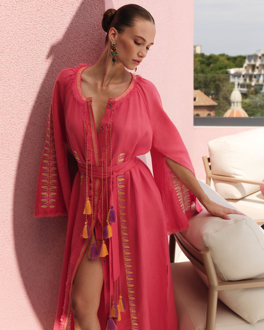 Coral Floral Embroidered Linen Kaftan Maxi Dress