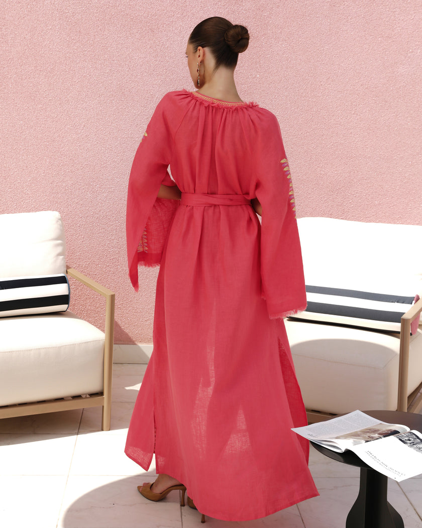 Coral Floral Embroidered Linen Kaftan Maxi Dress