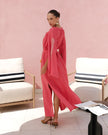 Coral Floral Embroidered Linen Kaftan Maxi Dress