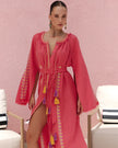 Coral Floral Embroidered Linen Kaftan Maxi Dress