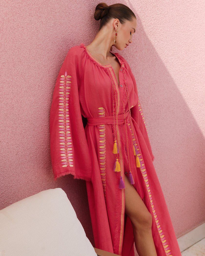 Coral Floral Embroidered Linen Kaftan Maxi Dress