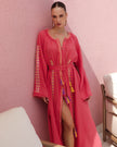Coral Floral Embroidered Linen Kaftan Maxi Dress
