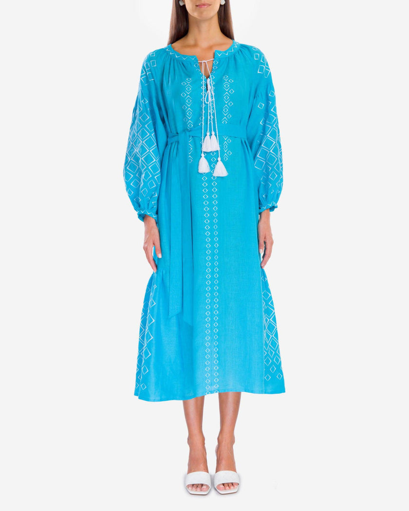 Turquoise Embroidered Linen Maxi Dress – Balloon Sleeves
