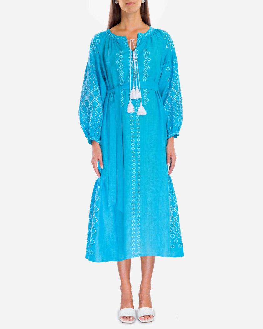 Turquoise White Geometric Embroidered Linen Kaftan Maxi Dress