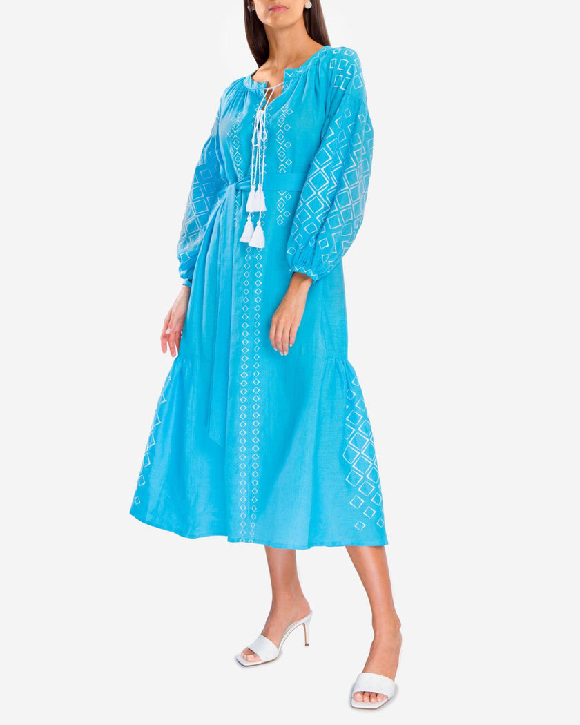 Turquoise Embroidered Linen Maxi Dress – Balloon Sleeves
