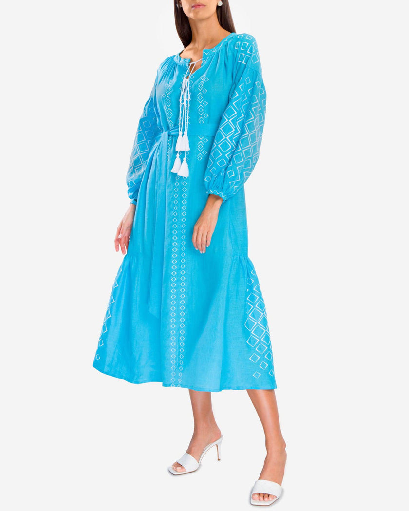 Turquoise White Geometric Embroidered Linen Kaftan Maxi Dress