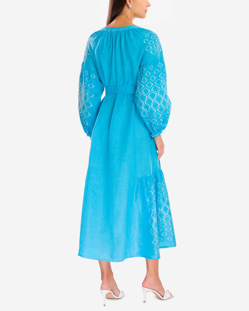 Turquoise White Geometric Embroidered Linen Kaftan Maxi Dress