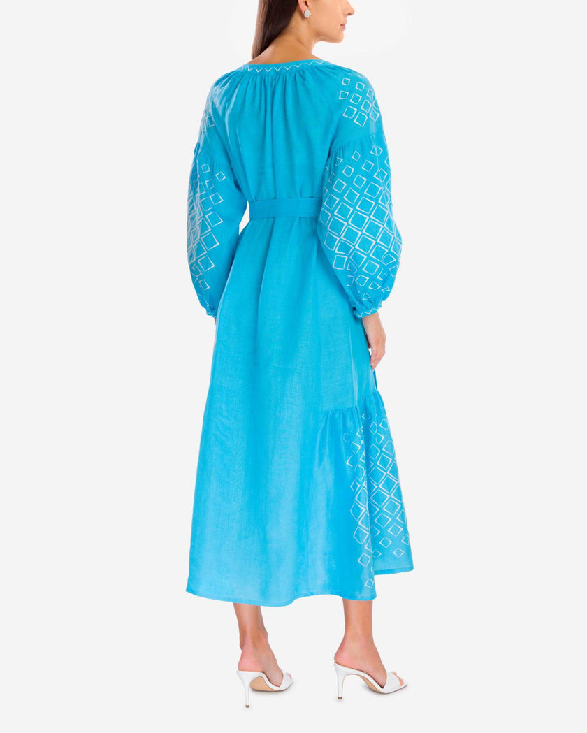 Turquoise Embroidered Linen Maxi Dress – Balloon Sleeves