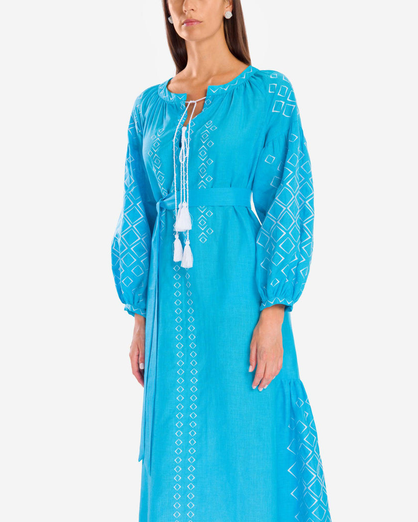 Turquoise White Geometric Embroidered Linen Kaftan Maxi Dress