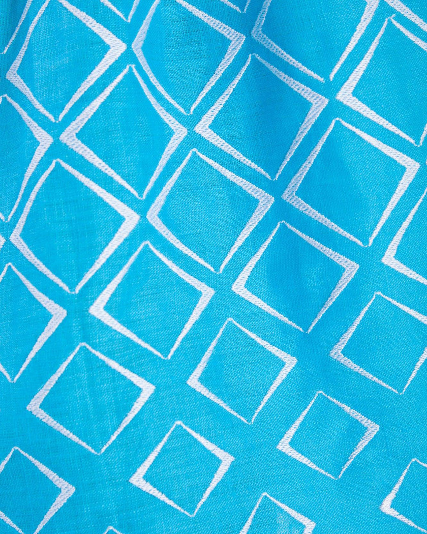 Turquoise Embroidered Linen Maxi Dress – Balloon Sleeves