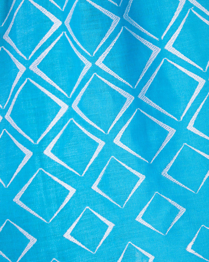 Turquoise White Geometric Embroidered Linen Kaftan Maxi Dress