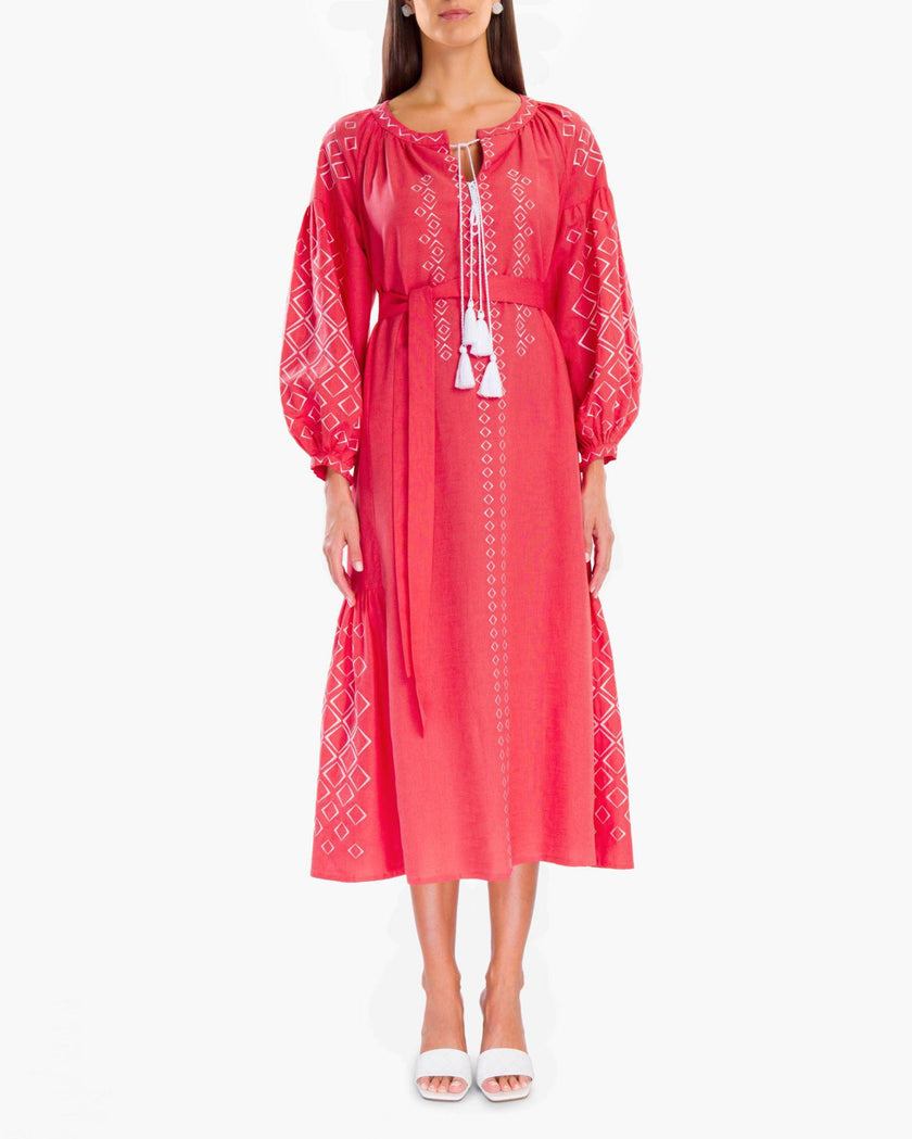Coral Embroidered Linen Maxi Dress – Balloon Sleeves | ZALXNDRA