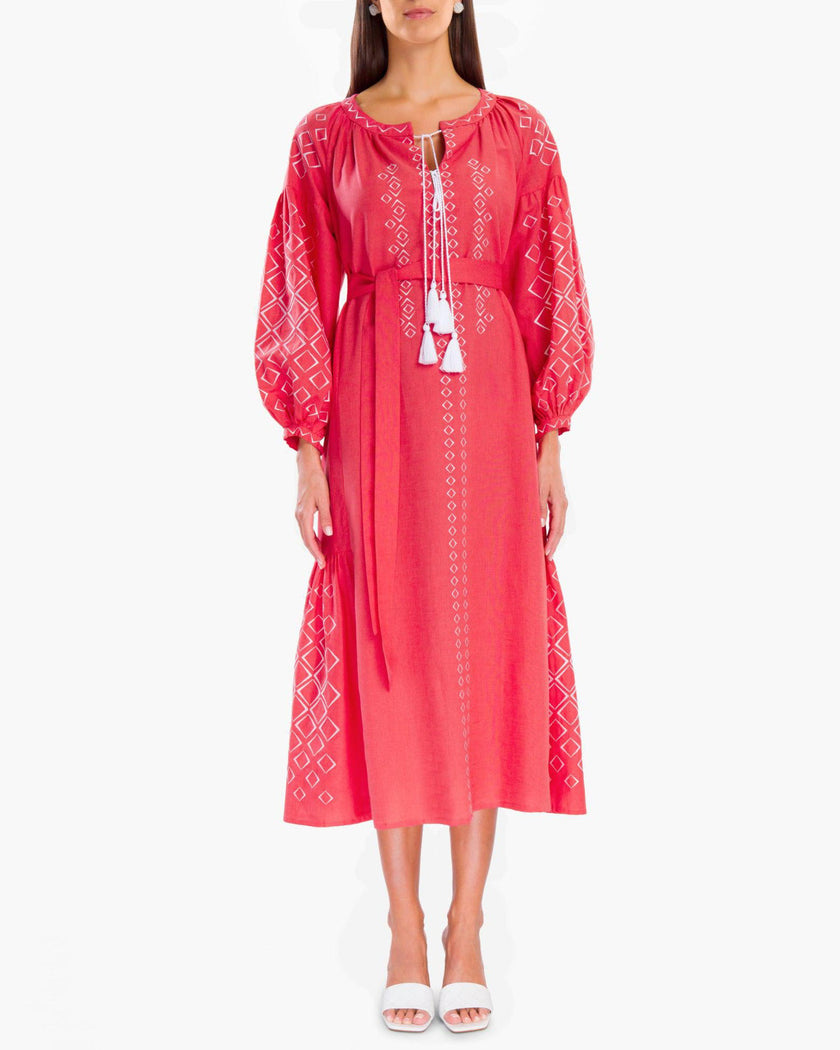 Coral White Geometric Embroidered Linen Kaftan Maxi Dress