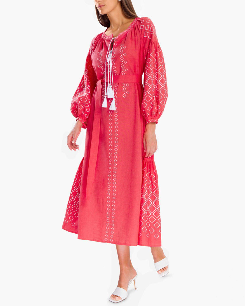 Coral White Geometric Embroidered Linen Kaftan Maxi Dress