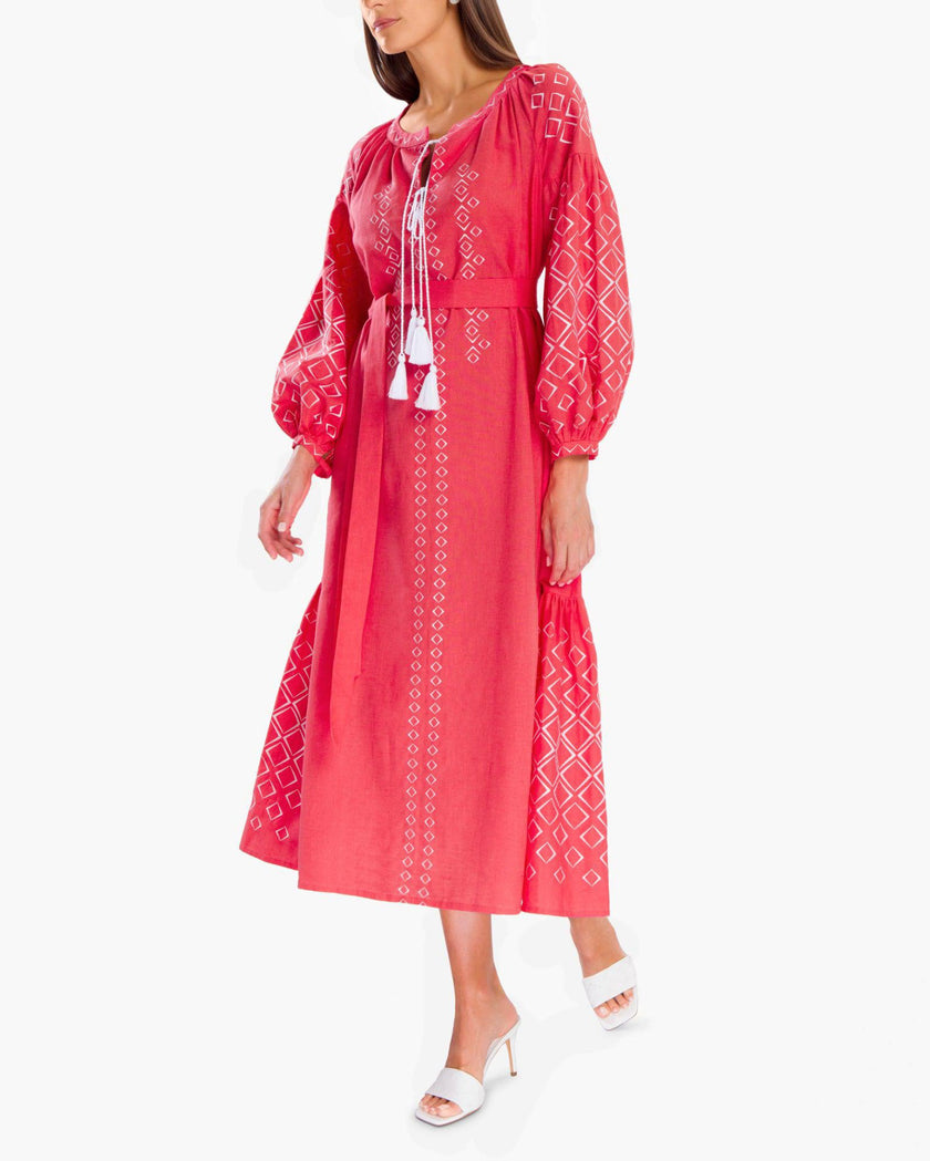 Coral Embroidered Linen Maxi Dress – Balloon Sleeves | ZALXNDRA