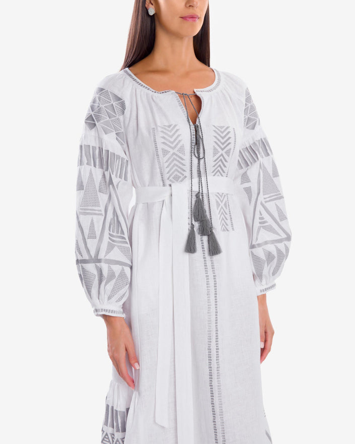 White Embroidered Linen Maxi Dress – Balloon Sleeves | ZALXNDRA