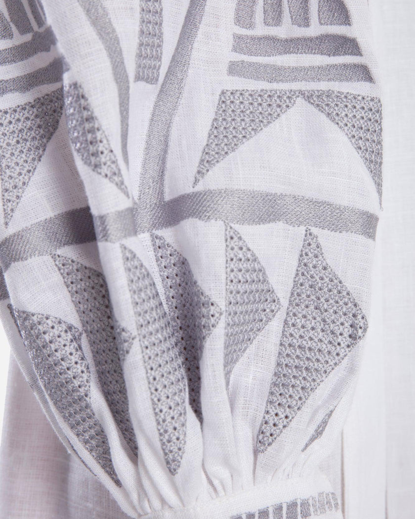 White Grey Geometric Embroidered Linen Kaftan Maxi Dress