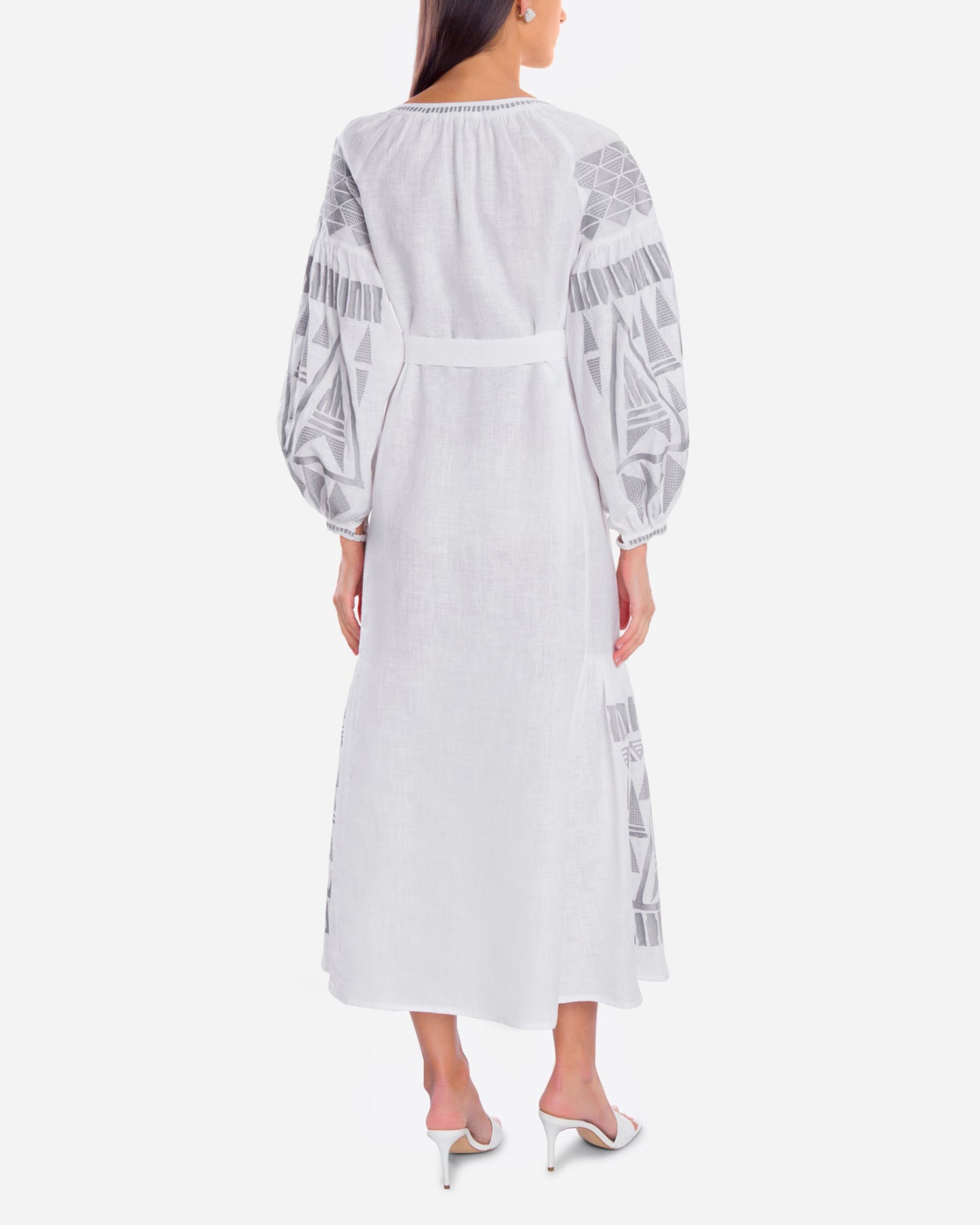 White Embroidered Linen Maxi Dress – Balloon Sleeves | ZALXNDRA