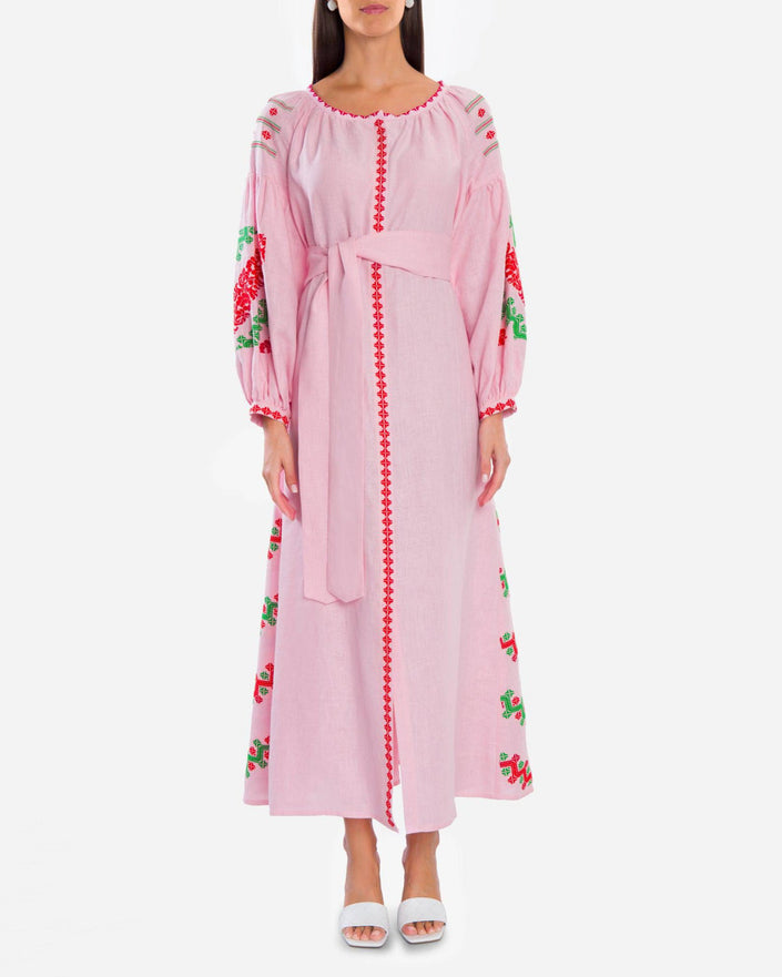 Light Pink Embroidered Linen Maxi Dress – Balloon Sleeves
