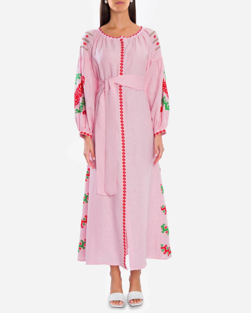 Light Pink Red Green Hand-Embroidered Cross-Stitch Linen Kaftan Maxi Dress