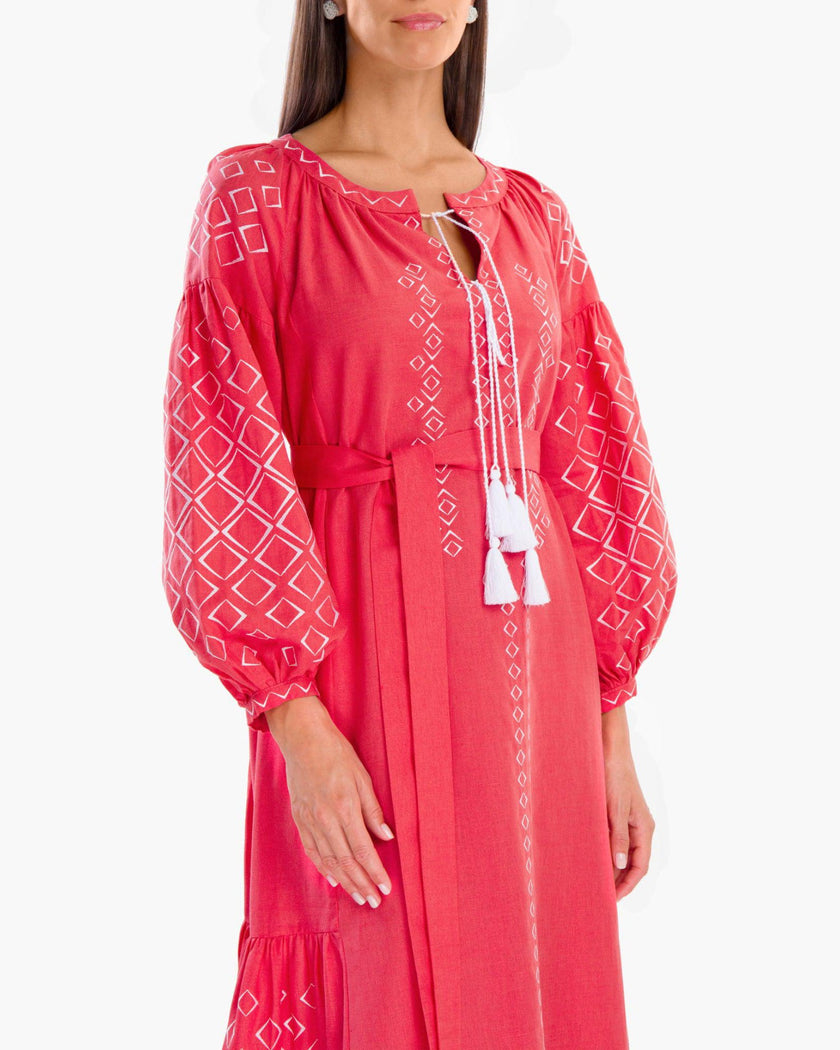 Coral Embroidered Linen Maxi Dress – Balloon Sleeves | ZALXNDRA