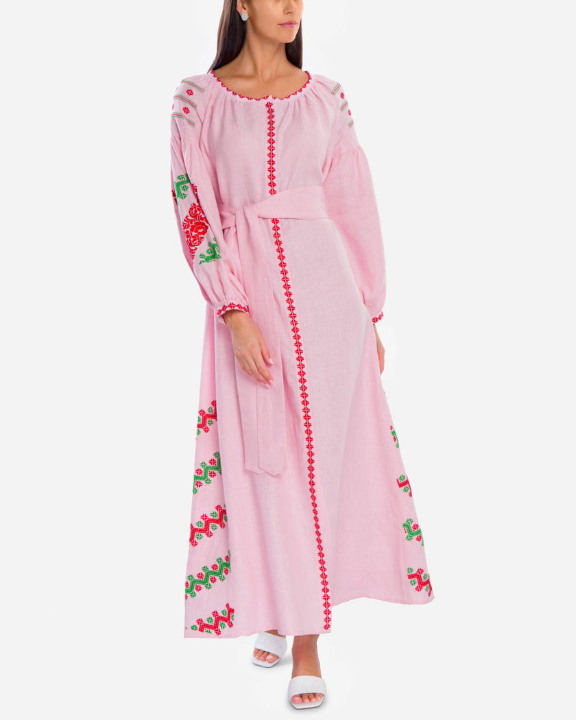 Light Pink Red Green Hand-Embroidered Cross-Stitch Linen Kaftan Maxi Dress