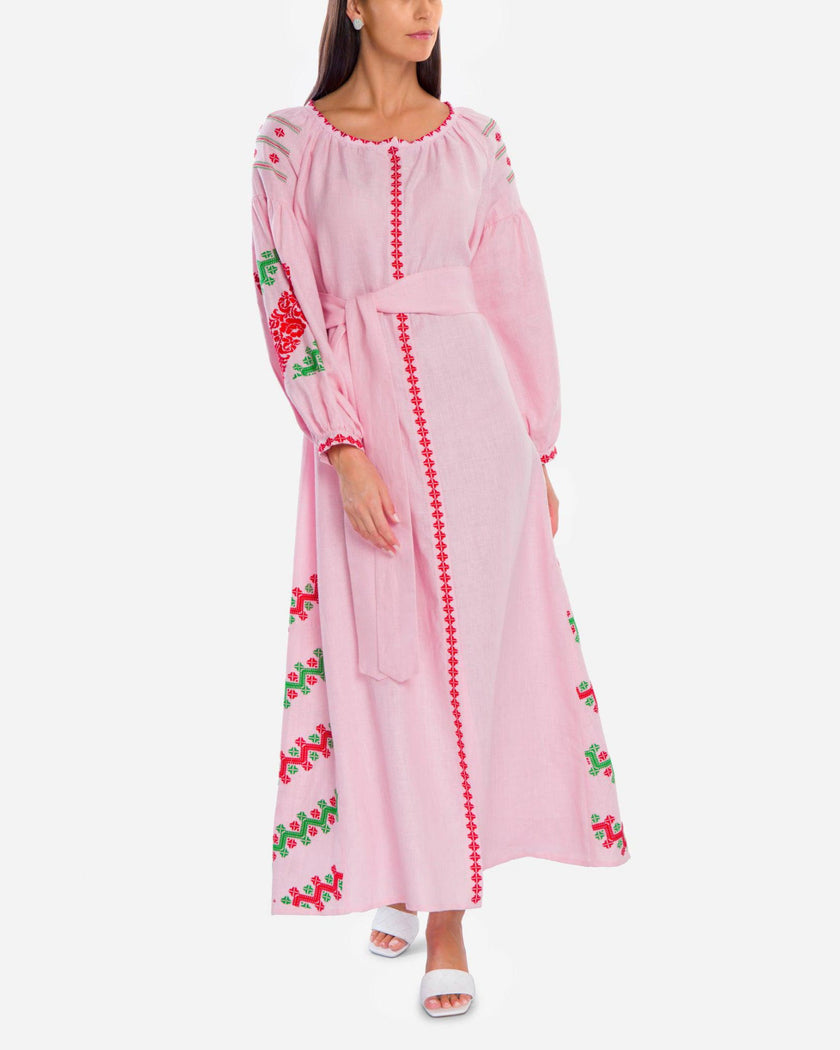 Light Pink Embroidered Linen Maxi Dress – Balloon Sleeves