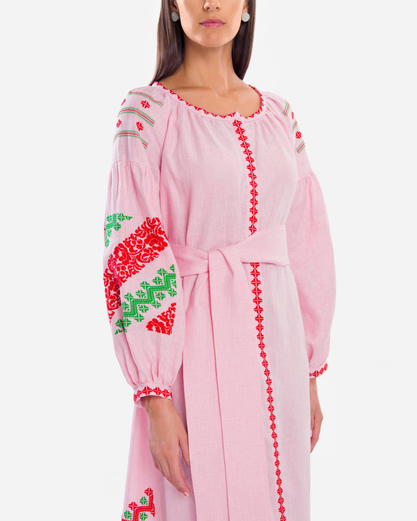 Light Pink Red Green Hand-Embroidered Cross-Stitch Linen Kaftan Maxi Dress