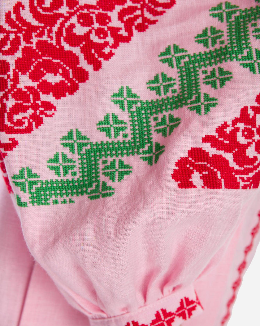 Light Pink Red Green Hand-Embroidered Cross-Stitch Linen Kaftan Maxi Dress