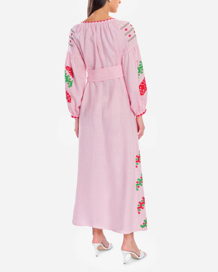 Light Pink Embroidered Linen Maxi Dress – Balloon Sleeves