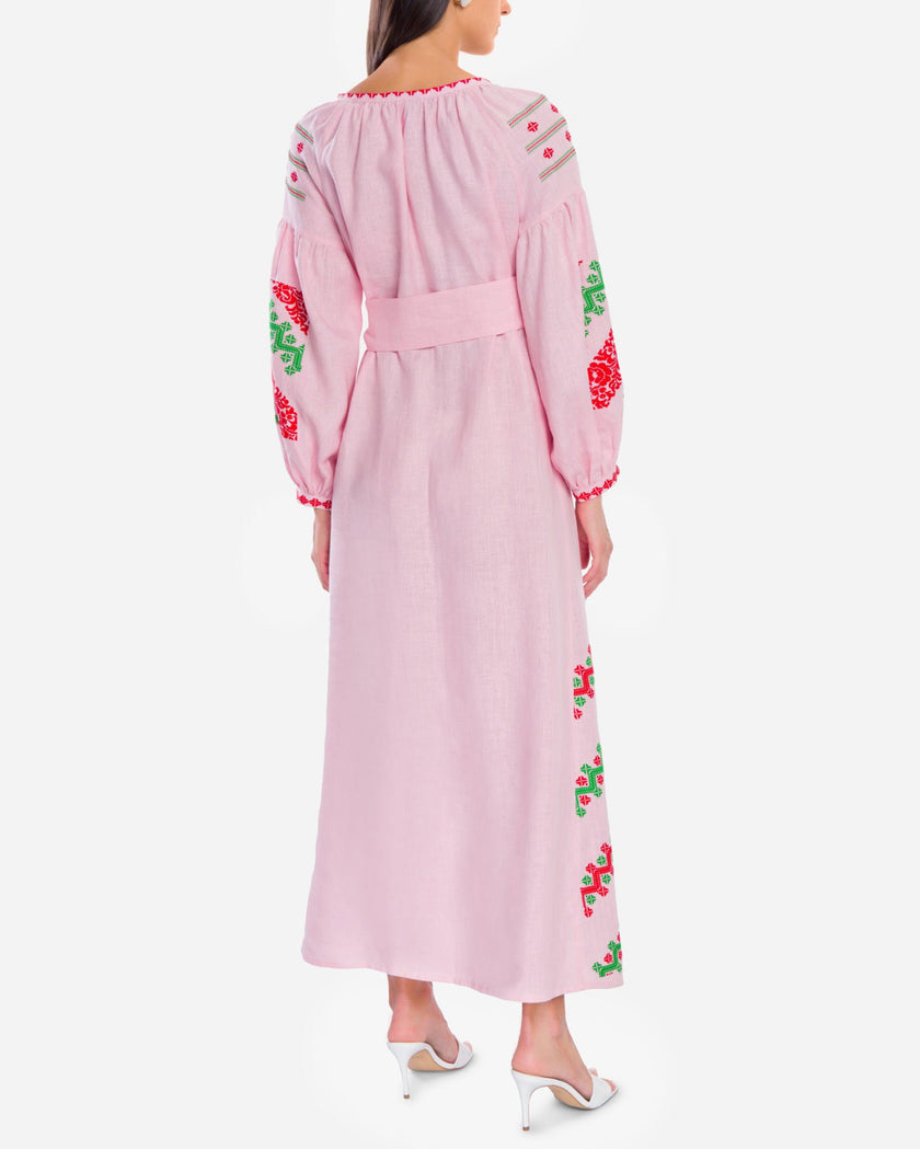 Light Pink Red Green Hand-Embroidered Cross-Stitch Linen Kaftan Maxi Dress