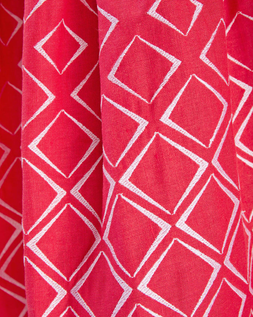Coral White Geometric Embroidered Linen Kaftan Maxi Dress