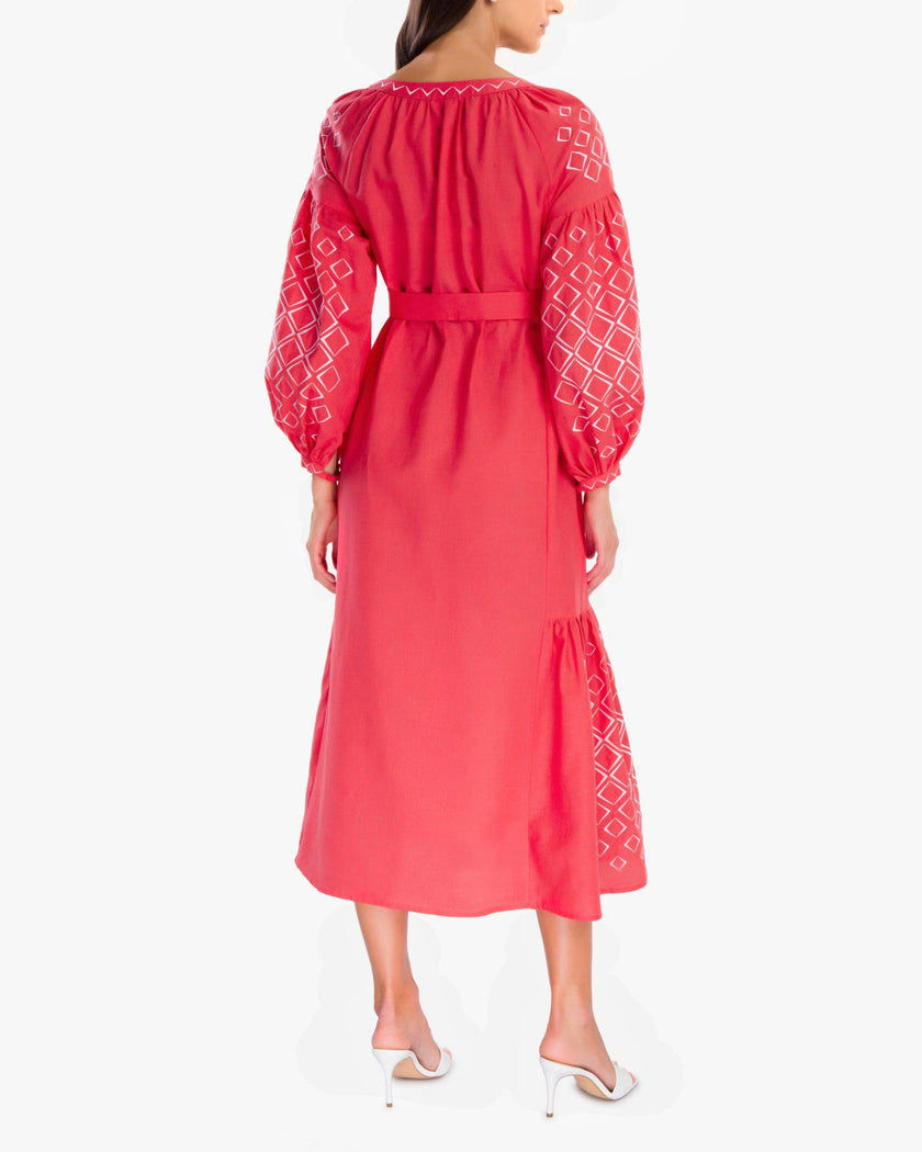 Coral Embroidered Linen Maxi Dress – Balloon Sleeves | ZALXNDRA