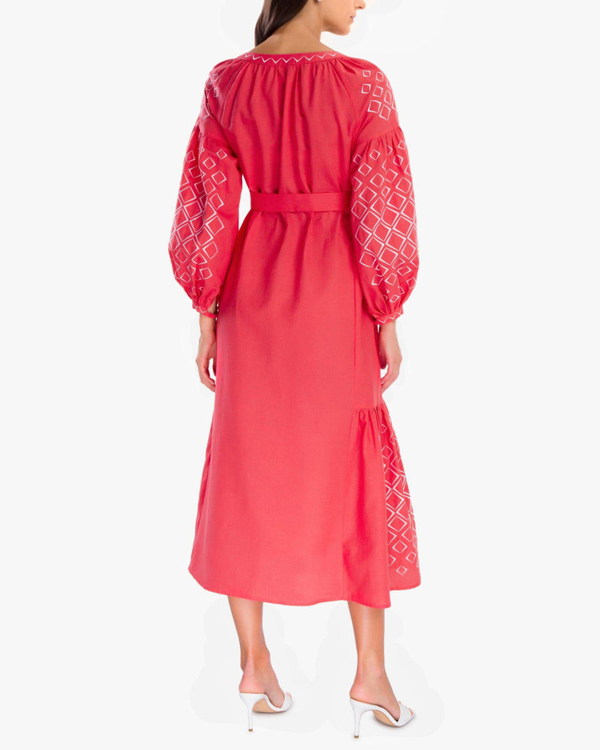 Coral White Geometric Embroidered Linen Kaftan Maxi Dress