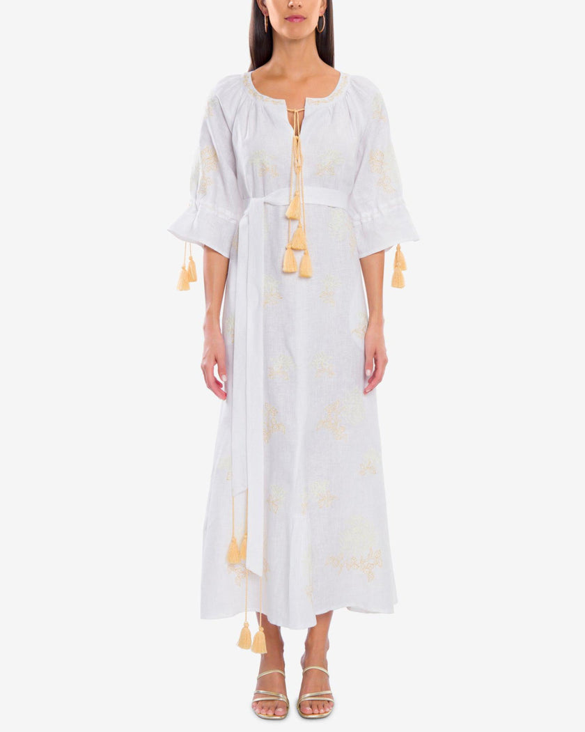 White Gold Floral Embroidered Linen Kaftan Maxi Dress