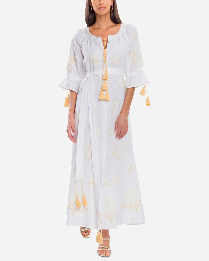 White Gold Floral Embroidered Linen Kaftan Maxi Dress