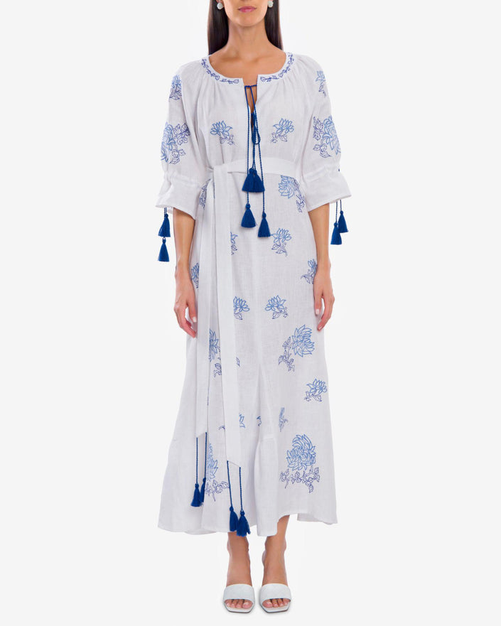 White Embroidered Linen Maxi Dress || ZALXNDRA
