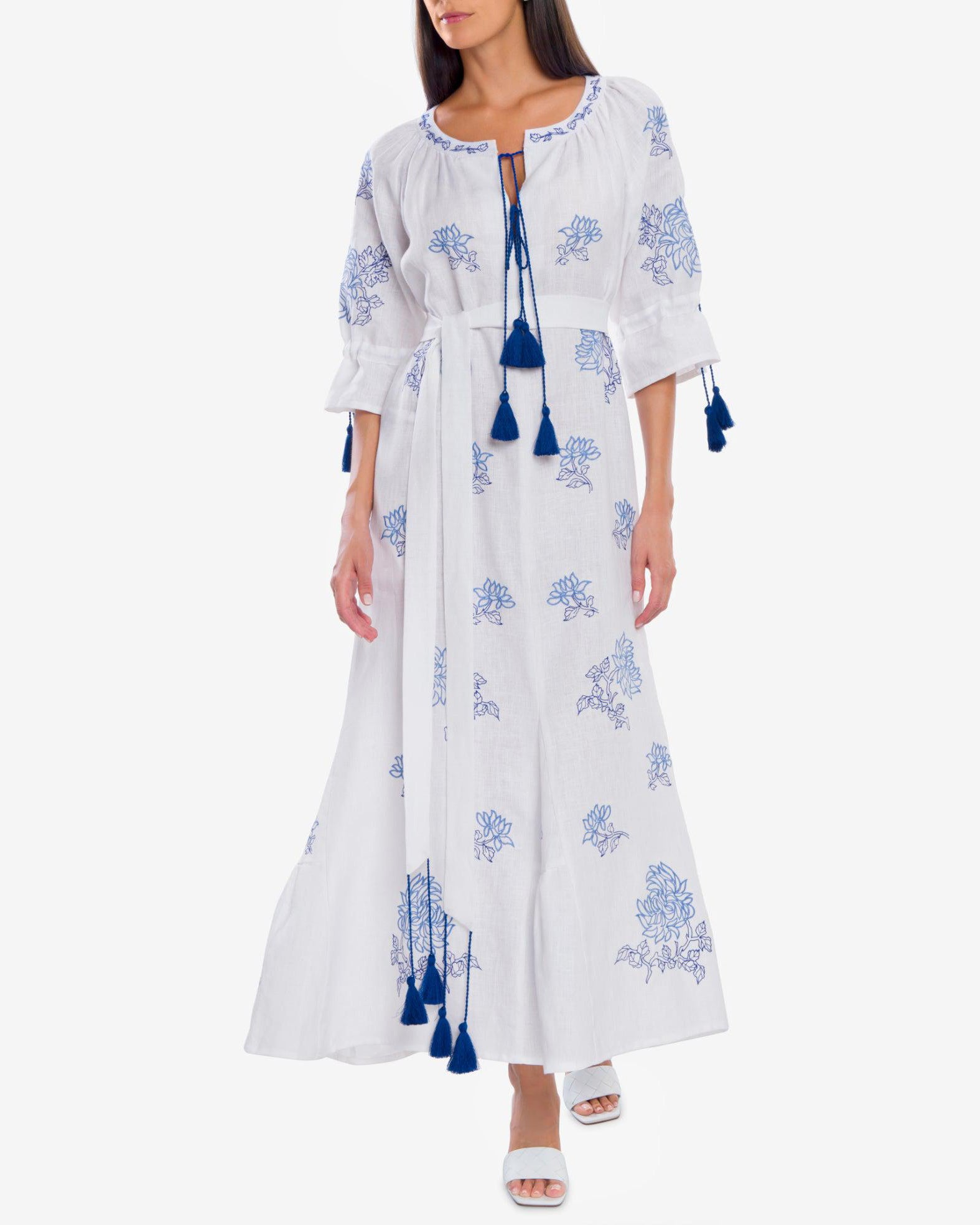 White Embroidered Linen Maxi Dress || ZALXNDRA
