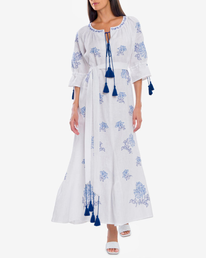 White Blue Floral Embroidered Linen Kaftan Maxi Dress