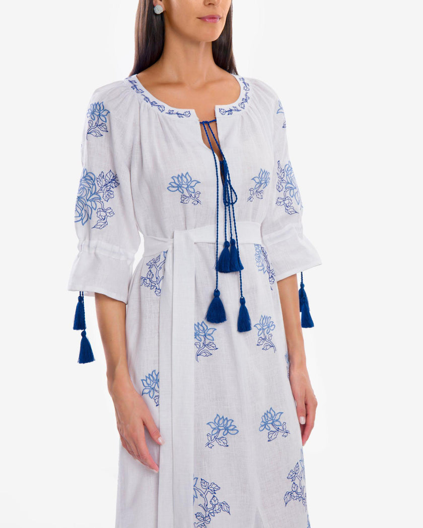 White Blue Floral Embroidered Linen Kaftan Maxi Dress