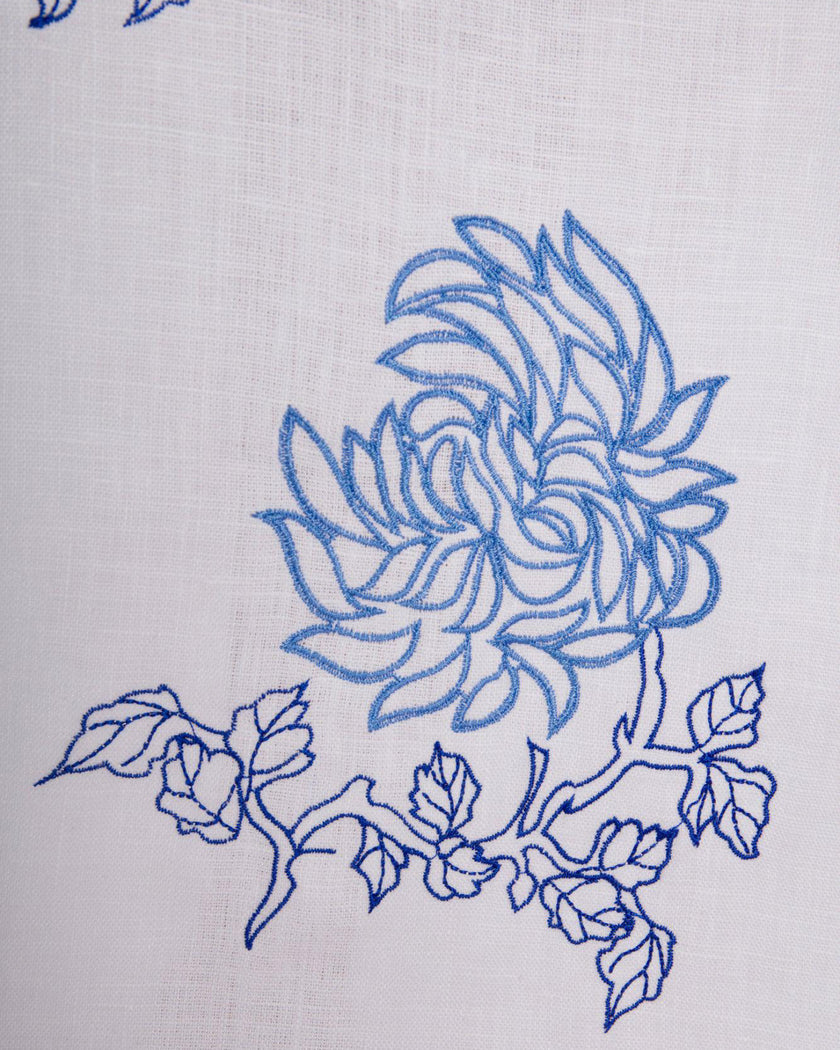 White Blue Floral Embroidered Linen Kaftan Maxi Dress