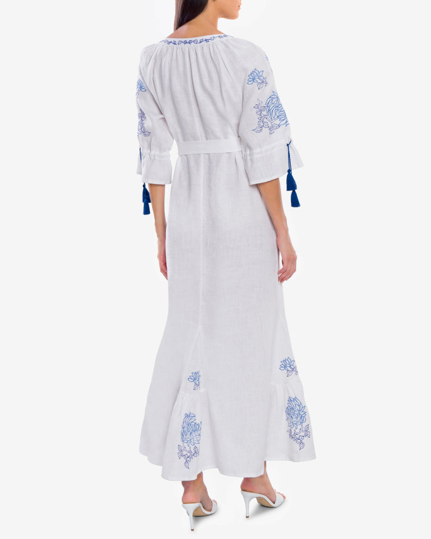 White Embroidered Linen Maxi Dress | ZALXNDRA