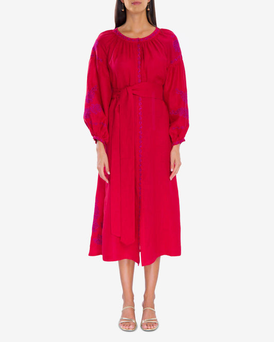 Scarlet Red Embroidered Linen Maxi Dress – Balloon Sleeves